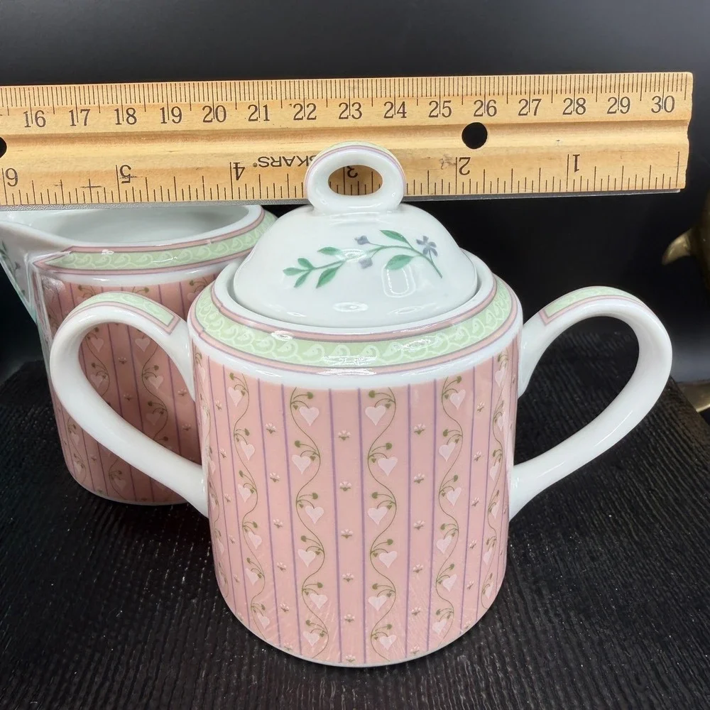 Lynn Hollyn Toscany Town Country Creamer Sugar‎ Bowl Set Pink Heart Stripe Japan